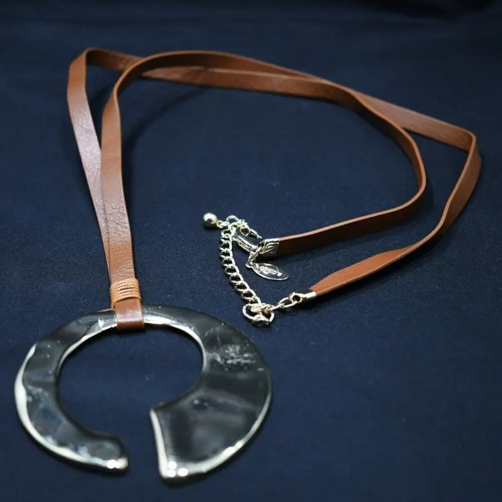 Chico’s Leather Necklace Large Gold C Pendant Adjustable 36” Modern Statement